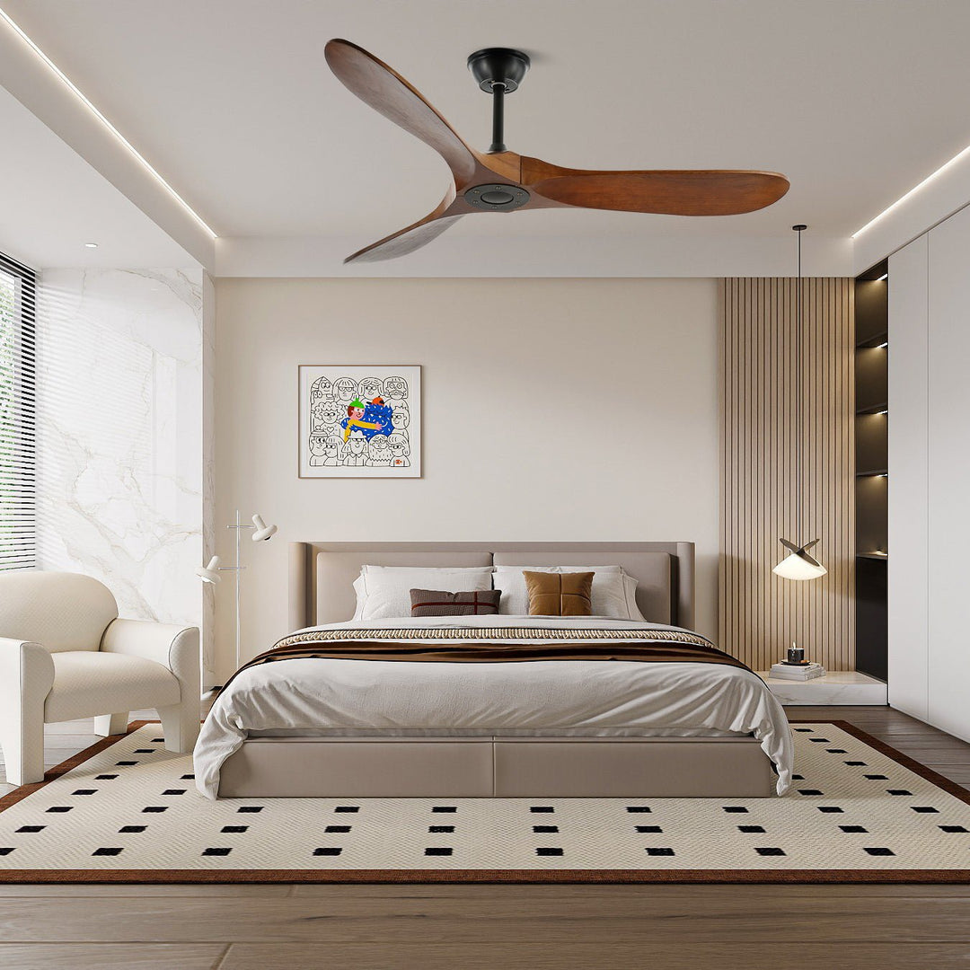 Close-up of a modern wooden ceiling fan showcasing walnut blades & remote.