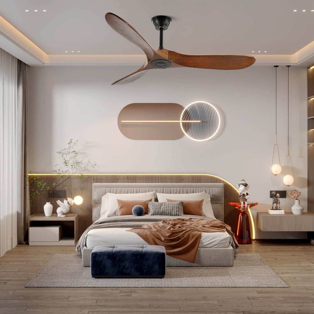 Adjustable speed modern wooden ceiling fan, offering comfort with remote.