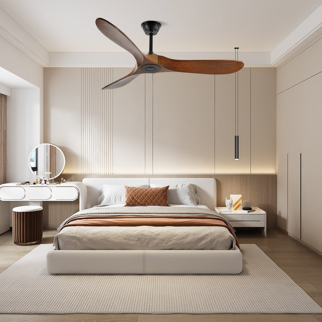 Contemporary wooden ceiling fan, quiet airflow, with remote for convenience.