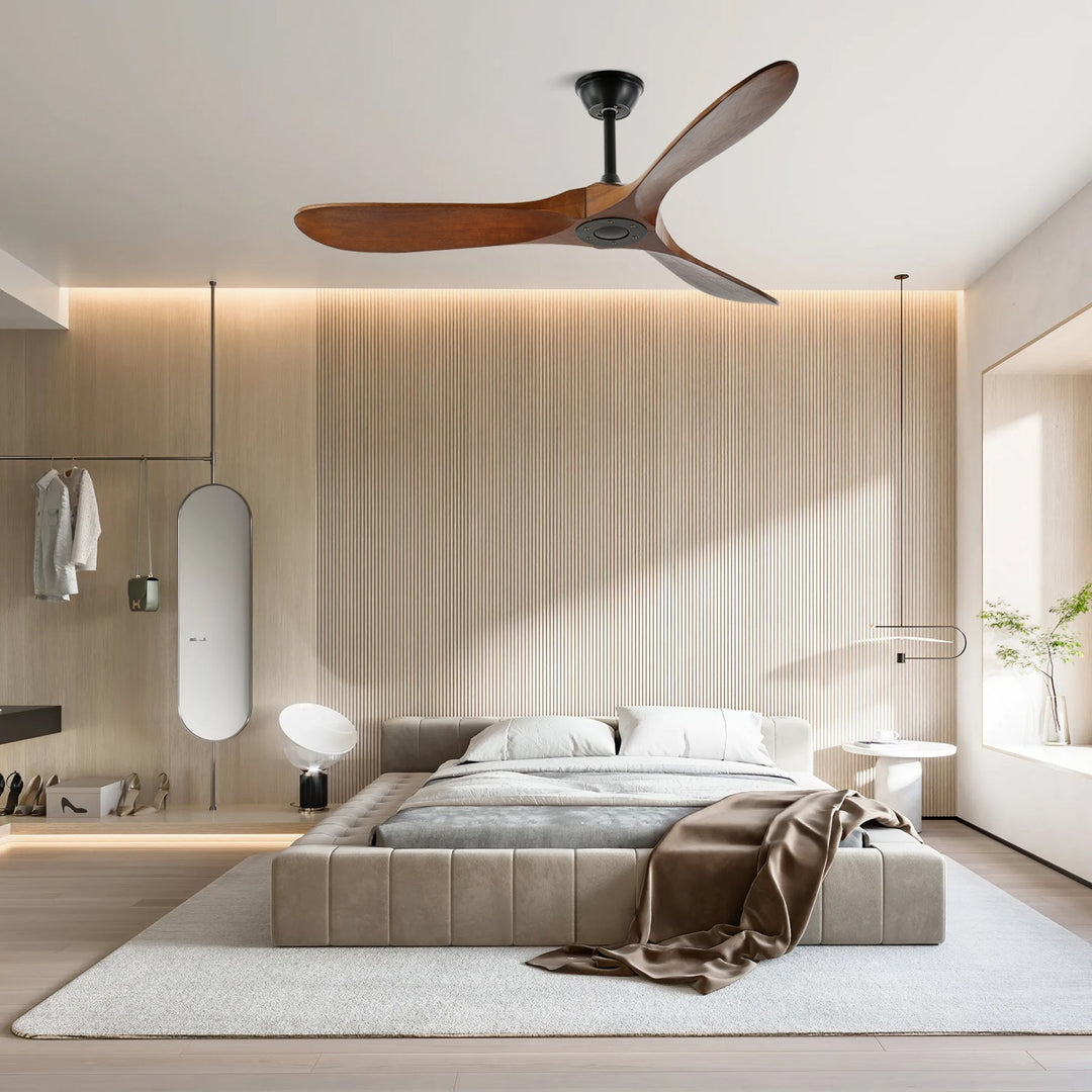 Walnut wood blade ceiling fan, modern look, easily controlled by remote.