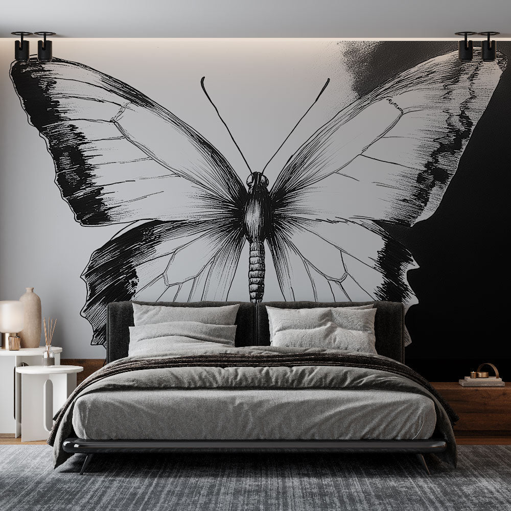 Monochrome butterfly wall art wallpaper: stylish black & white insect mural, modern peel and stick decor for home.