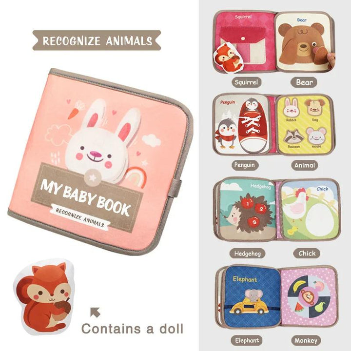 Colorful cloth activity book; a Montessori quiet book for infants & toddlers to develop fine motor skills & learn.