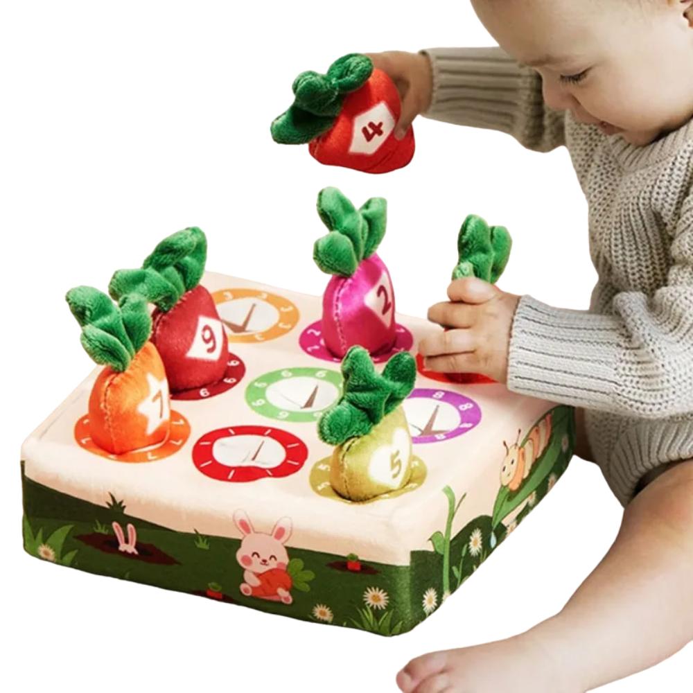 Montessori sensory carrot toy for toddlers, developing fine motor skills & early learning. Soft plush baby activity.