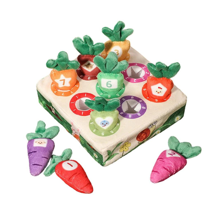 Educational toddler carrot game, a plush sensory toy for early development and engaging baby activity.