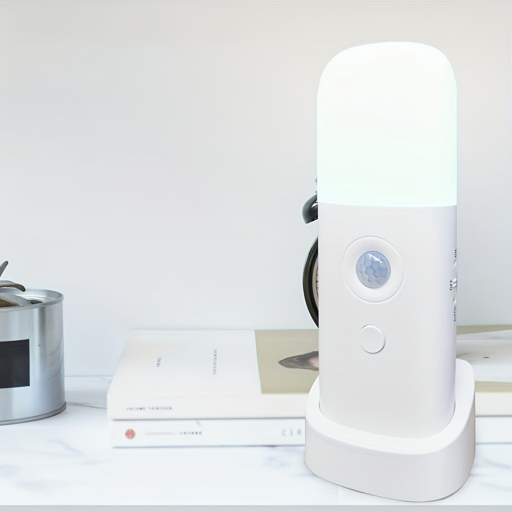 Motion sensor LED night light, USB rechargeable, ideal for bedroom & hallway safety.