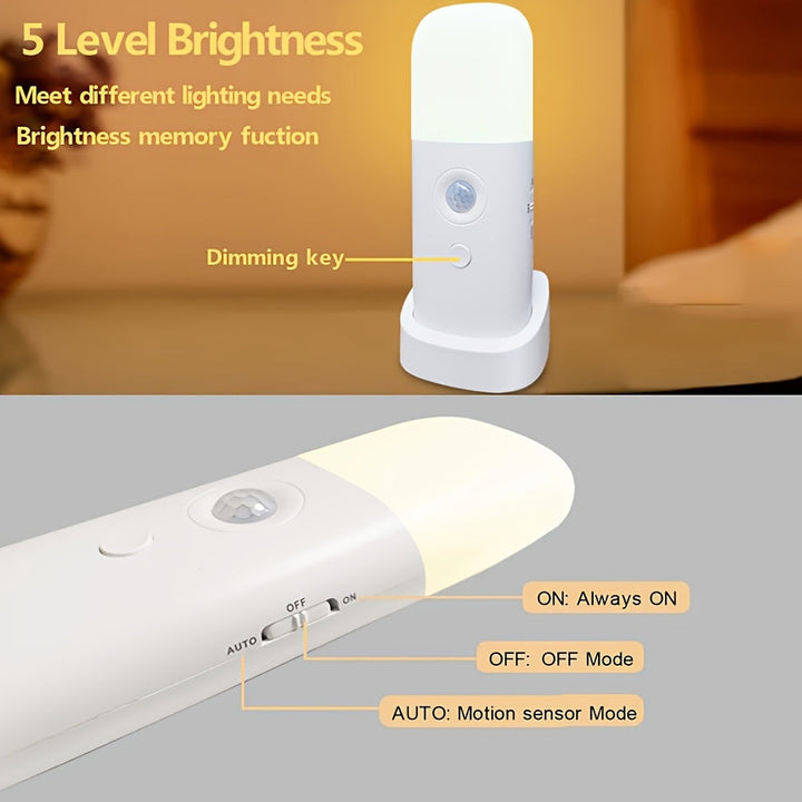 Adjustable brightness LED night light with motion sensor, enhancing home safety in bedrooms and dark areas.