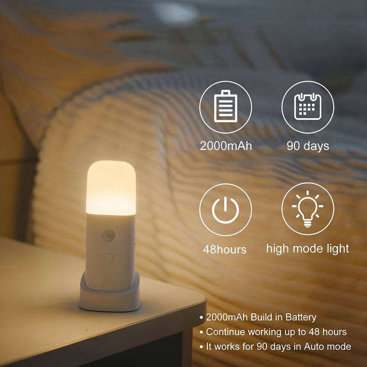 Wireless LED motion sensor night light, USB rechargeable for convenient, energy-efficient indoor lighting.