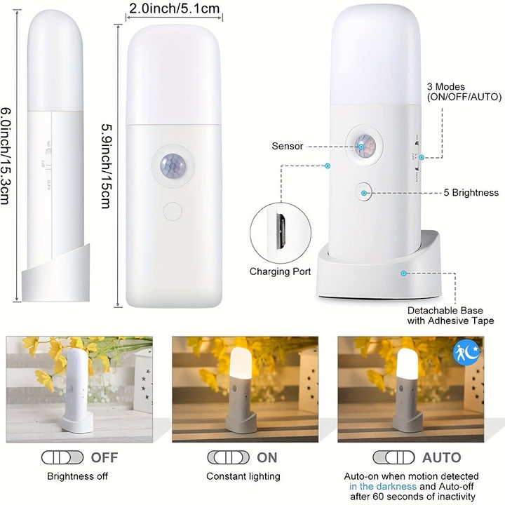 Smart motion sensor LED night light, USB rechargeable, perfect for navigating dark bedrooms and stairs.