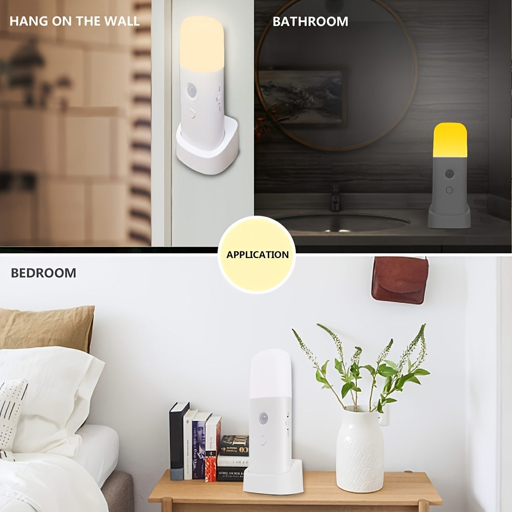Modern LED night light, motion sensor for home safety, USB rechargeable with adjustable brightness control.
