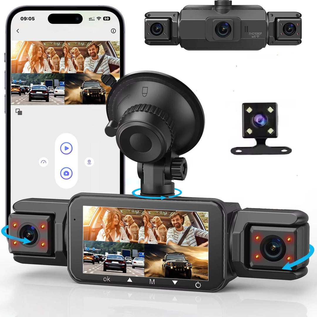 Multi-camera dash cam system with 360-degree vehicle coverage, night vision, and Wi-Fi for comprehensive security.