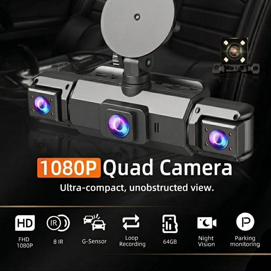 Advanced 360 dash cam with night vision for enhanced vehicle security. Features loop recording & G-sensor.