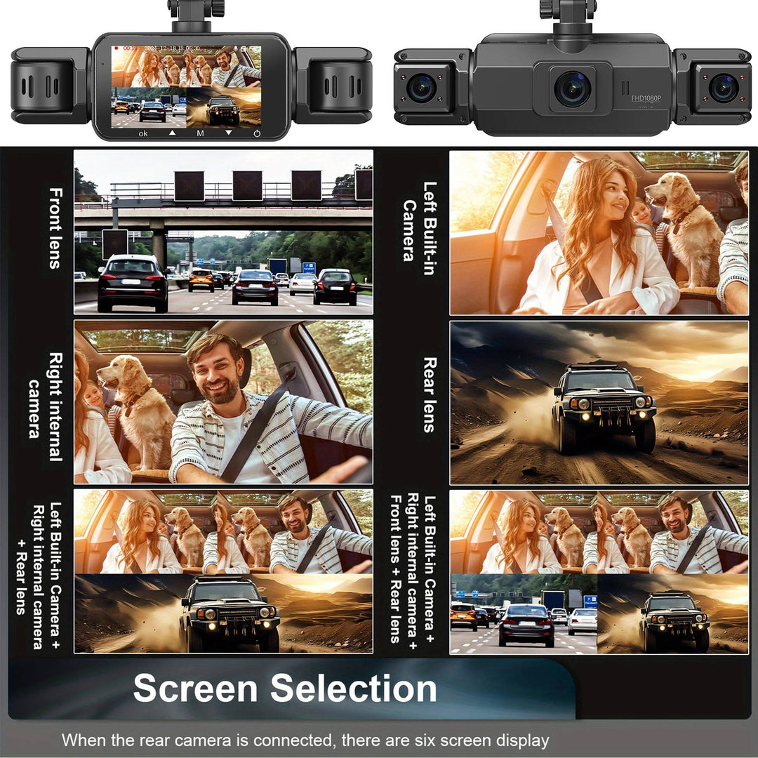 Front & interior view multi-camera dash cam. Offers 360 vehicle surveillance, night vision, & driving recording.