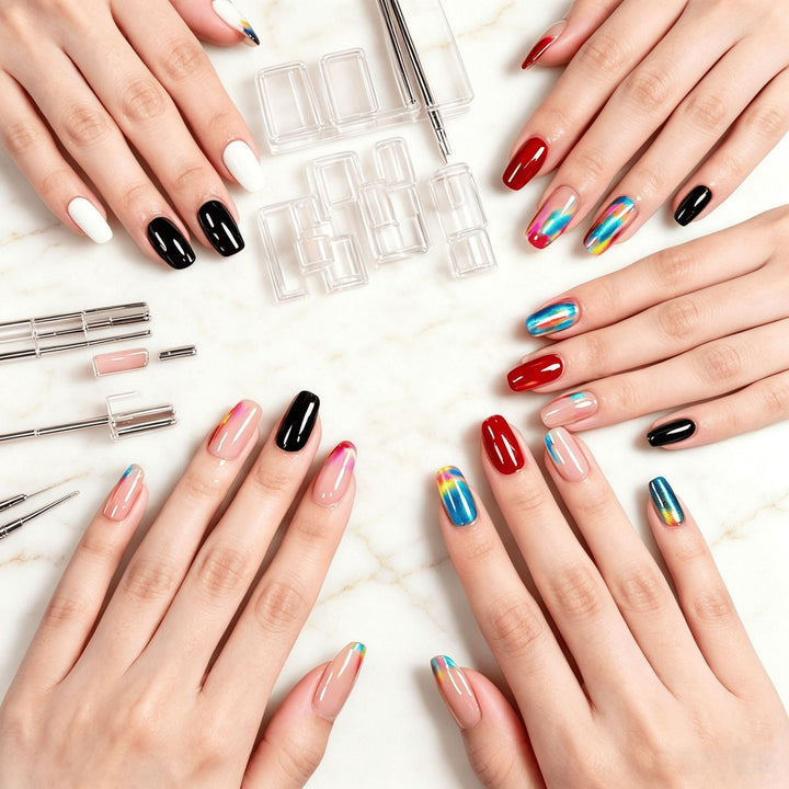 Vibrant multi-style press-on nails for women, a reusable fake nail art set for a chic manicure.
