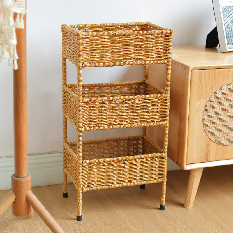 Woven multi-tier storage rack, perfect for kitchen pantry & countertop organization. Natural, eco-friendly.
