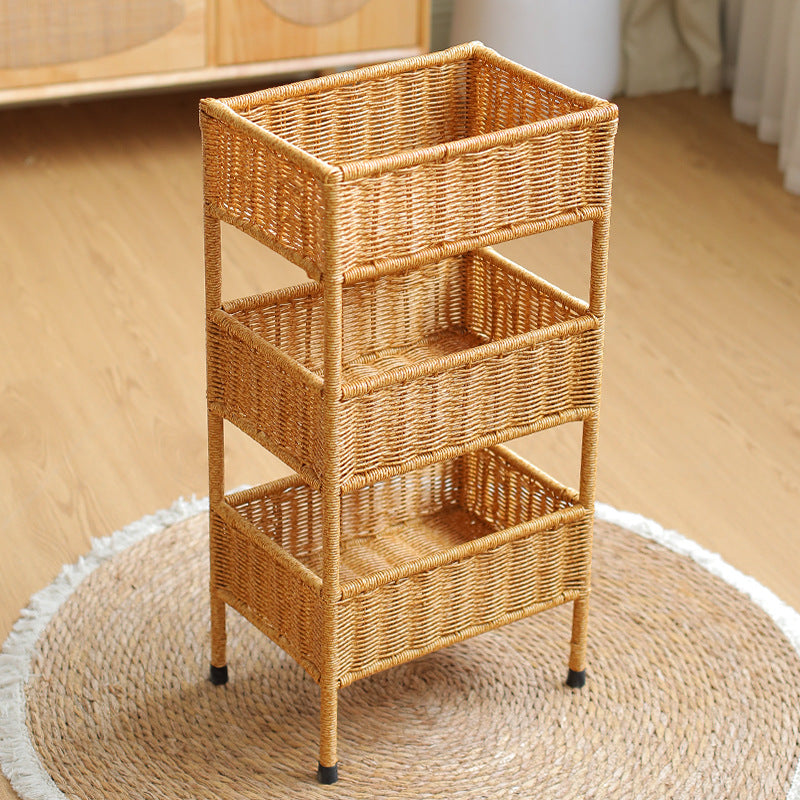Stylish multi-tier woven storage rack for living room decor & organized natural home solutions.