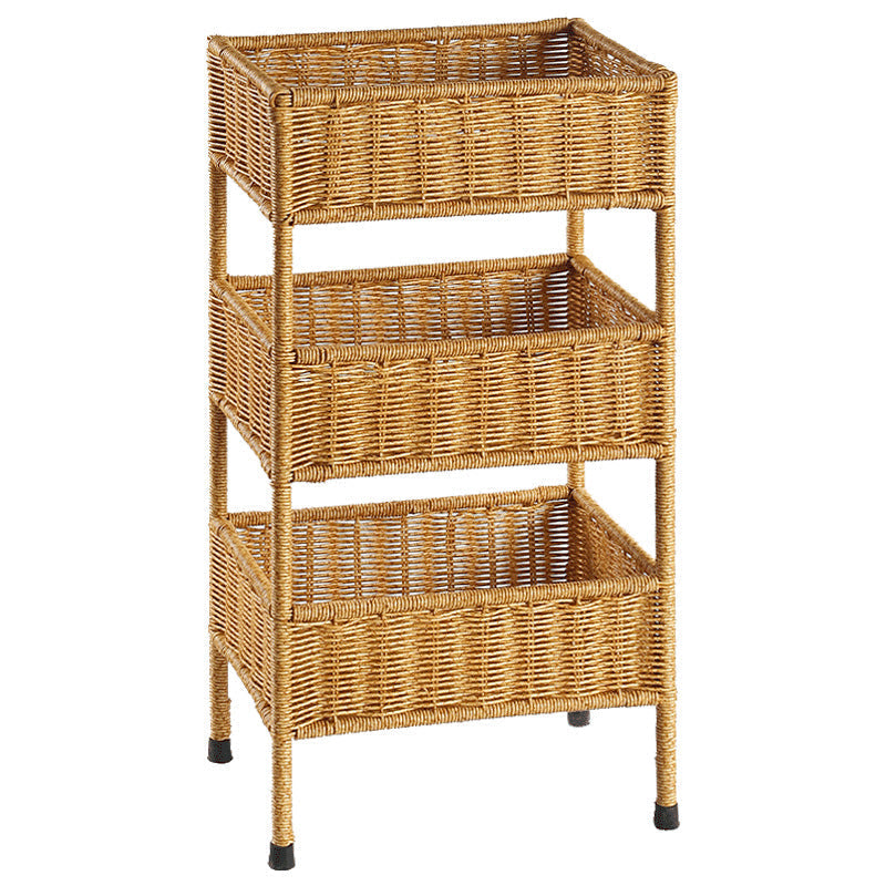Hand-woven multi-tier storage rack with natural fibers, ideal for elegant home organization & decor.