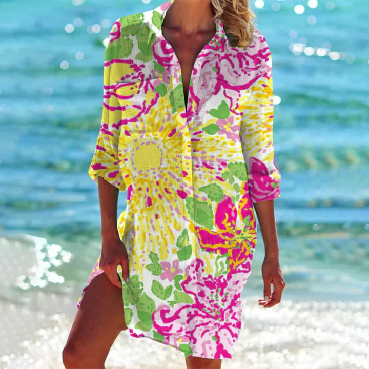 New women's breezy summer A-line V-neck dress, flowy and multicolor, great for vacation or casual wear.