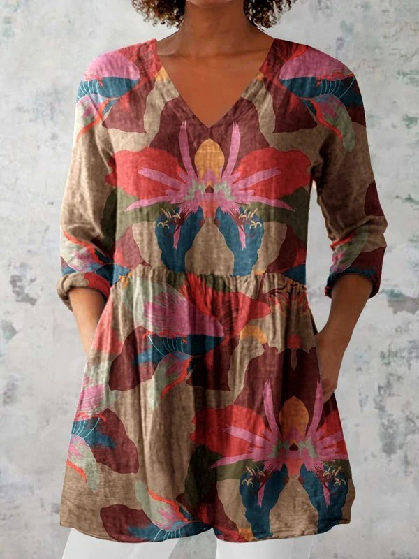 Multicolor women's flowy V-neck long blouse for effortless style & comfort. Perfect for casual or elegant everyday wear.