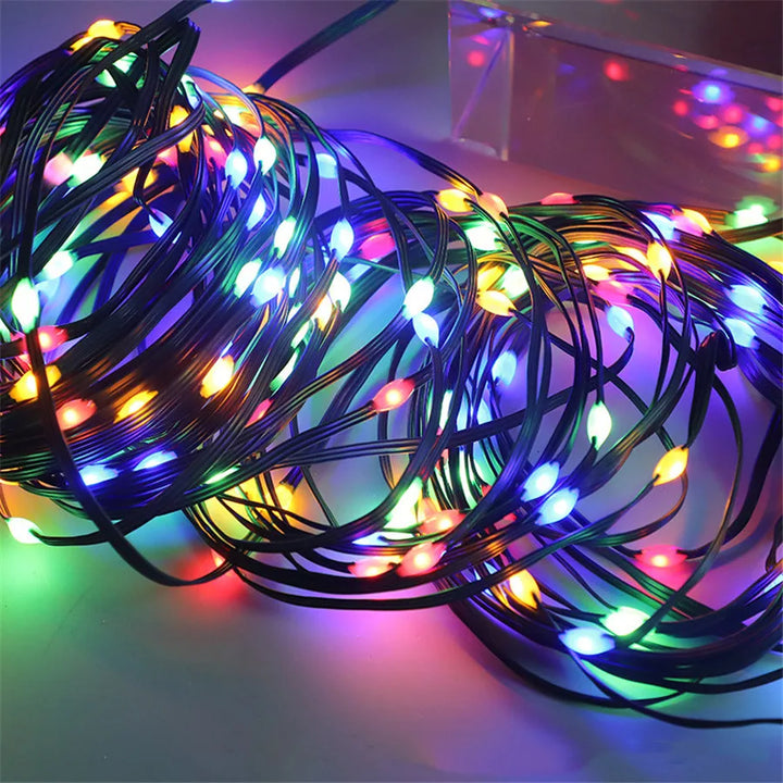 Flexible LED rope lights creating beautiful multicolour garden illumination & enchanting patio decor.