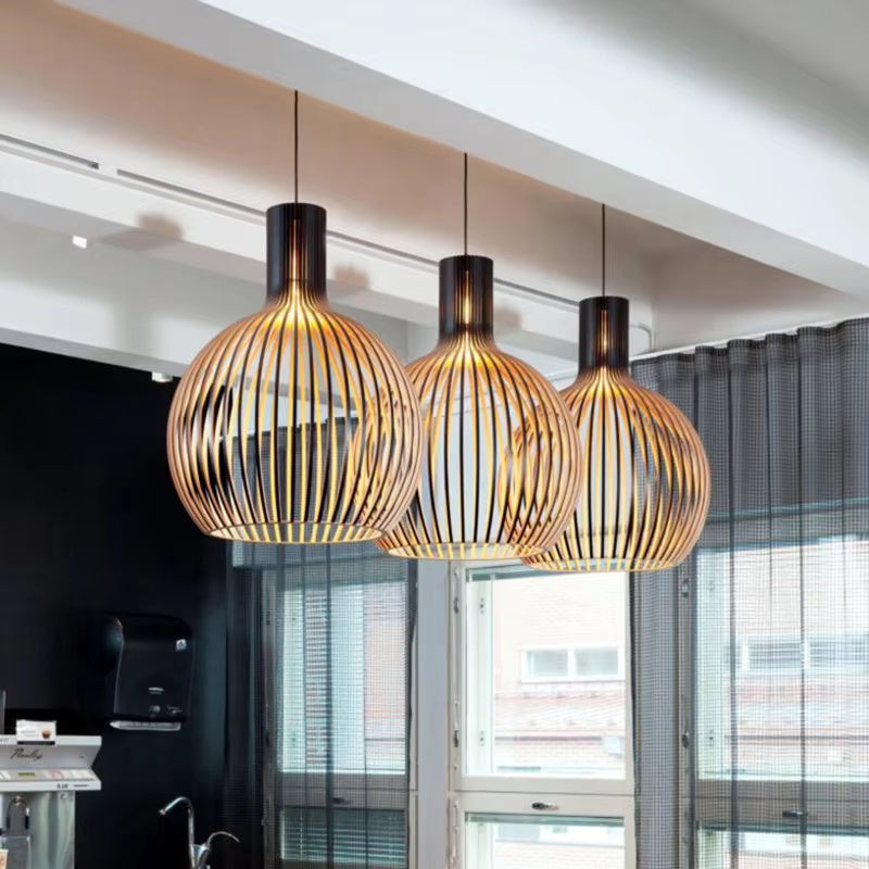 Natura Orb organic wooden pendant lamp, modern design for cozy living rooms & dining areas. Natural interior lighting.