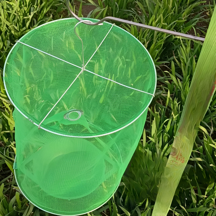 Reusable, eco-friendly fly trap hanging outdoors, providing chemical-free insect repellent for stables and barns.