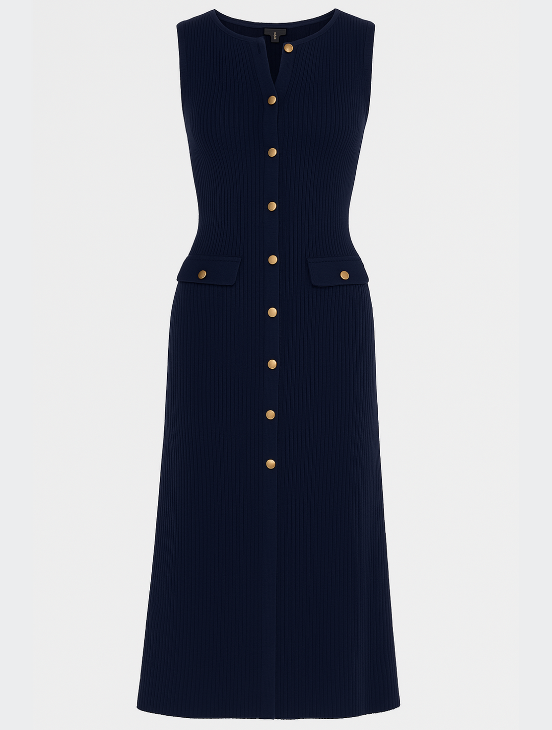 Elegant ivory ribbed midi dress with button front. Women's sleeveless workwear, perfect for stylish professional looks.