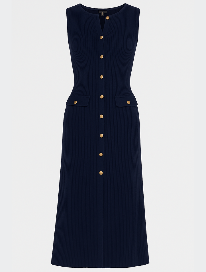 Elegant ivory ribbed midi dress with button front. Women's sleeveless workwear, perfect for stylish professional looks.