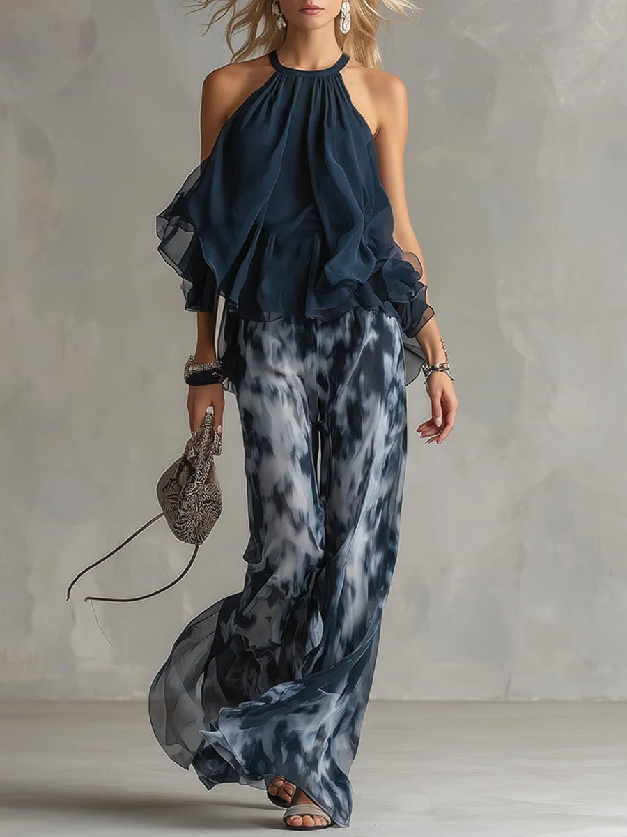 Navy blue tie-dye halter top & wide leg pants set for women. Effortless elegant summer fashion.