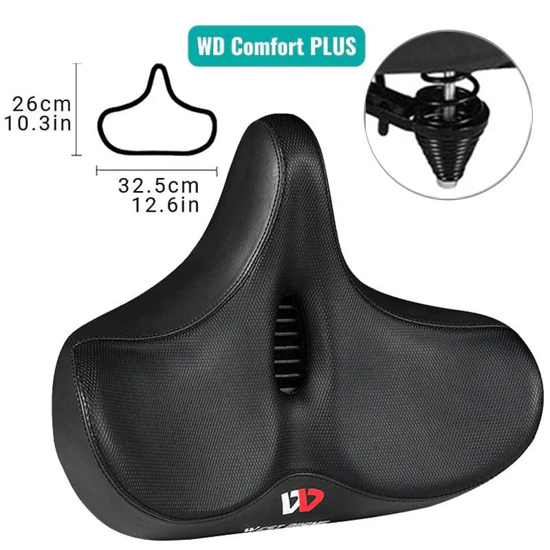 Durable, shock-absorbing bike seat, extra wide for superior comfort on mountain bikes & city bikes.