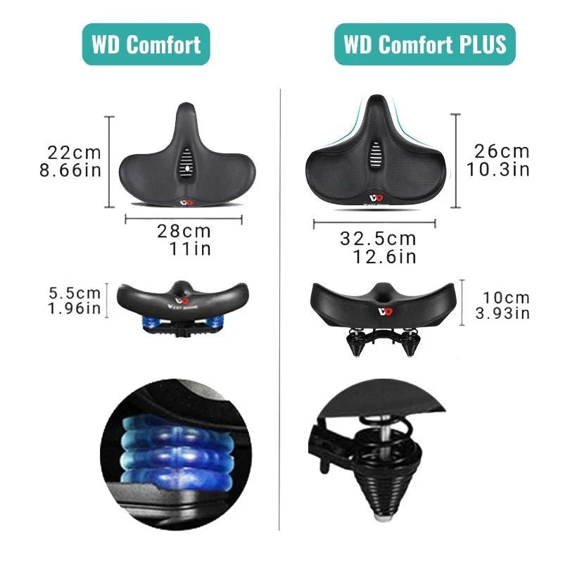 Reflective extra wide bicycle saddle offering superior comfort & shock absorption for city, mountain & e-bikes.
