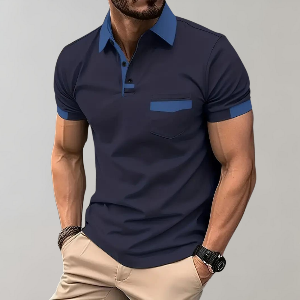 New men's classic blue polo shirt with pique knit texture, showing timeless style and comfort.