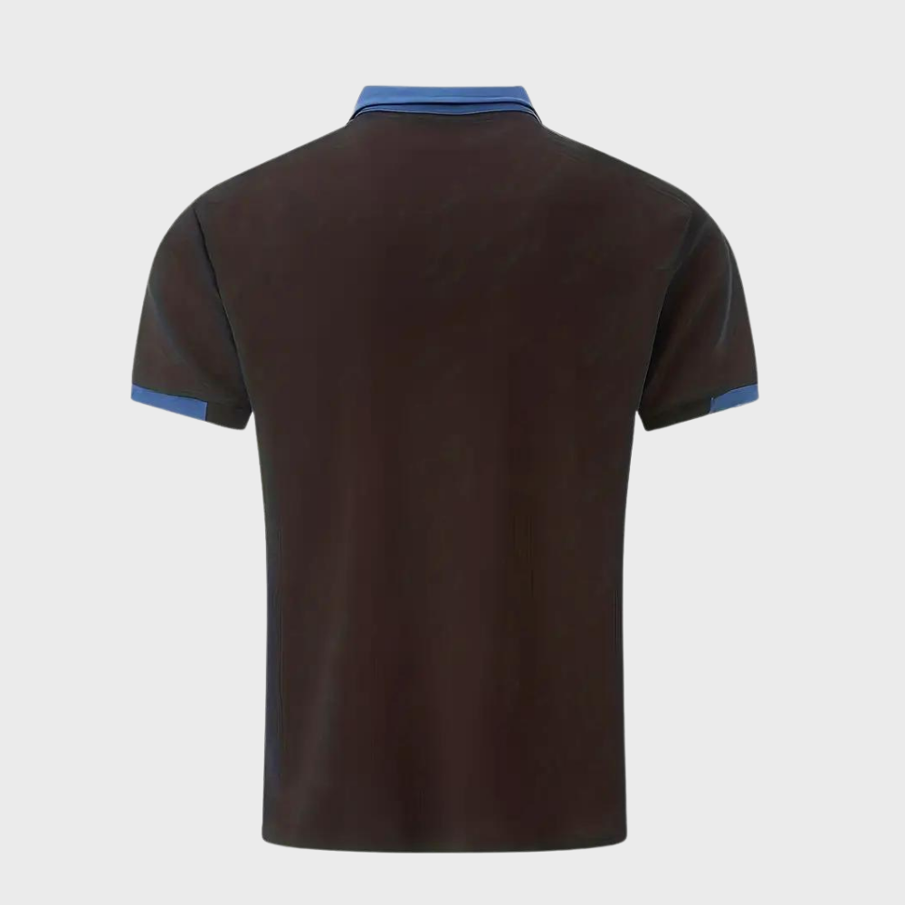 Back view of a men's regular fit polo shirt, emphasizing its clean, comfortable cut and timeless look.