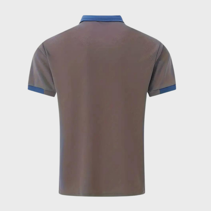 Close-up of the breathable fabric of a new men's short sleeve casual polo shirt, highlighting comfort.