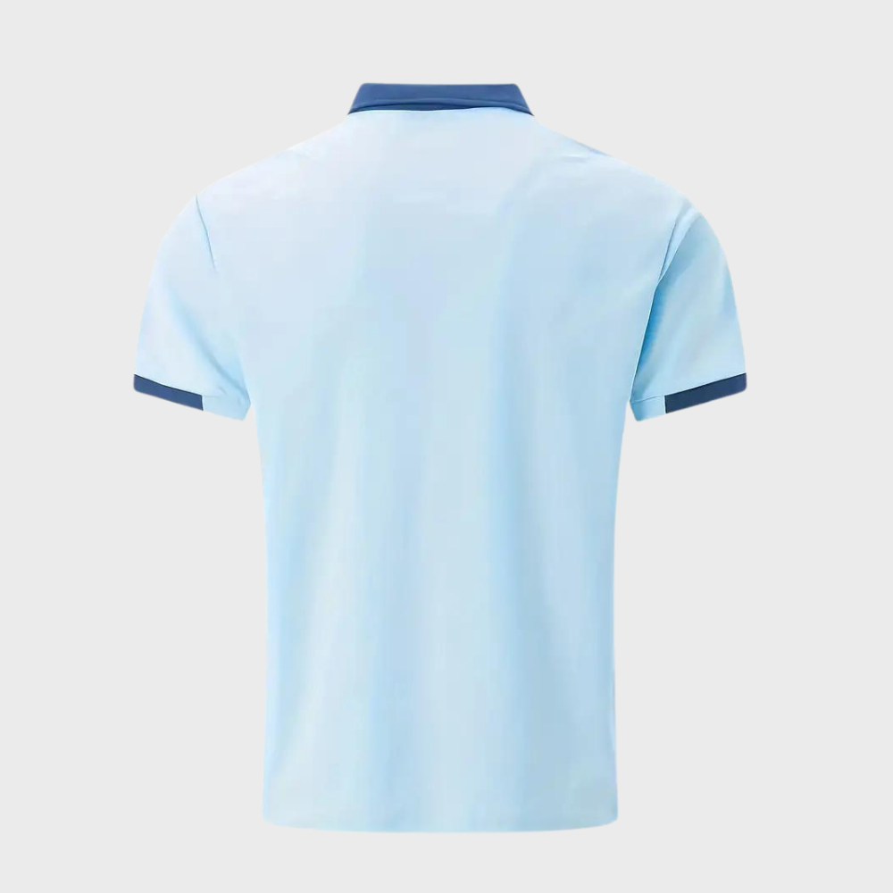 Model posing in a comfortable men's classic short sleeve polo shirt, perfect for summer casual wear.