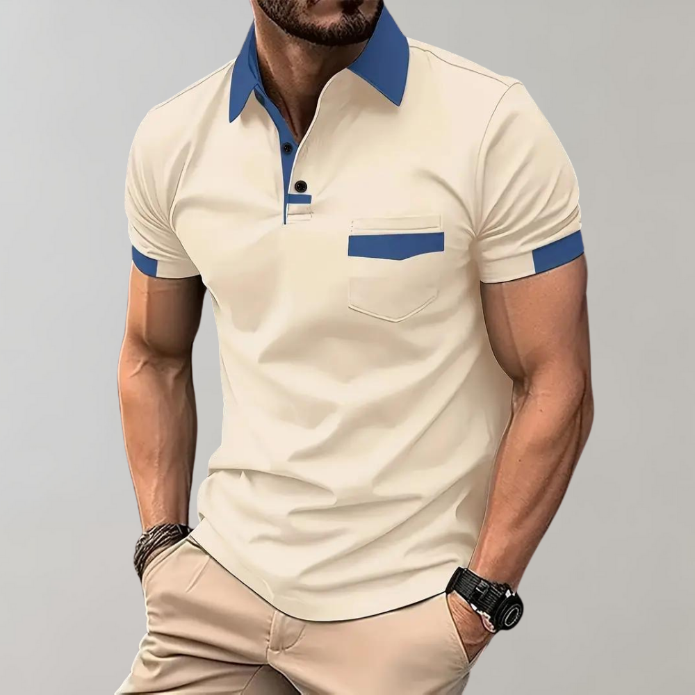 Model wearing a regular fit men's classic short sleeve polo shirt for casual comfort and style.