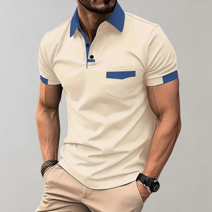 Model wearing a regular fit men's classic short sleeve polo shirt for casual comfort and style.