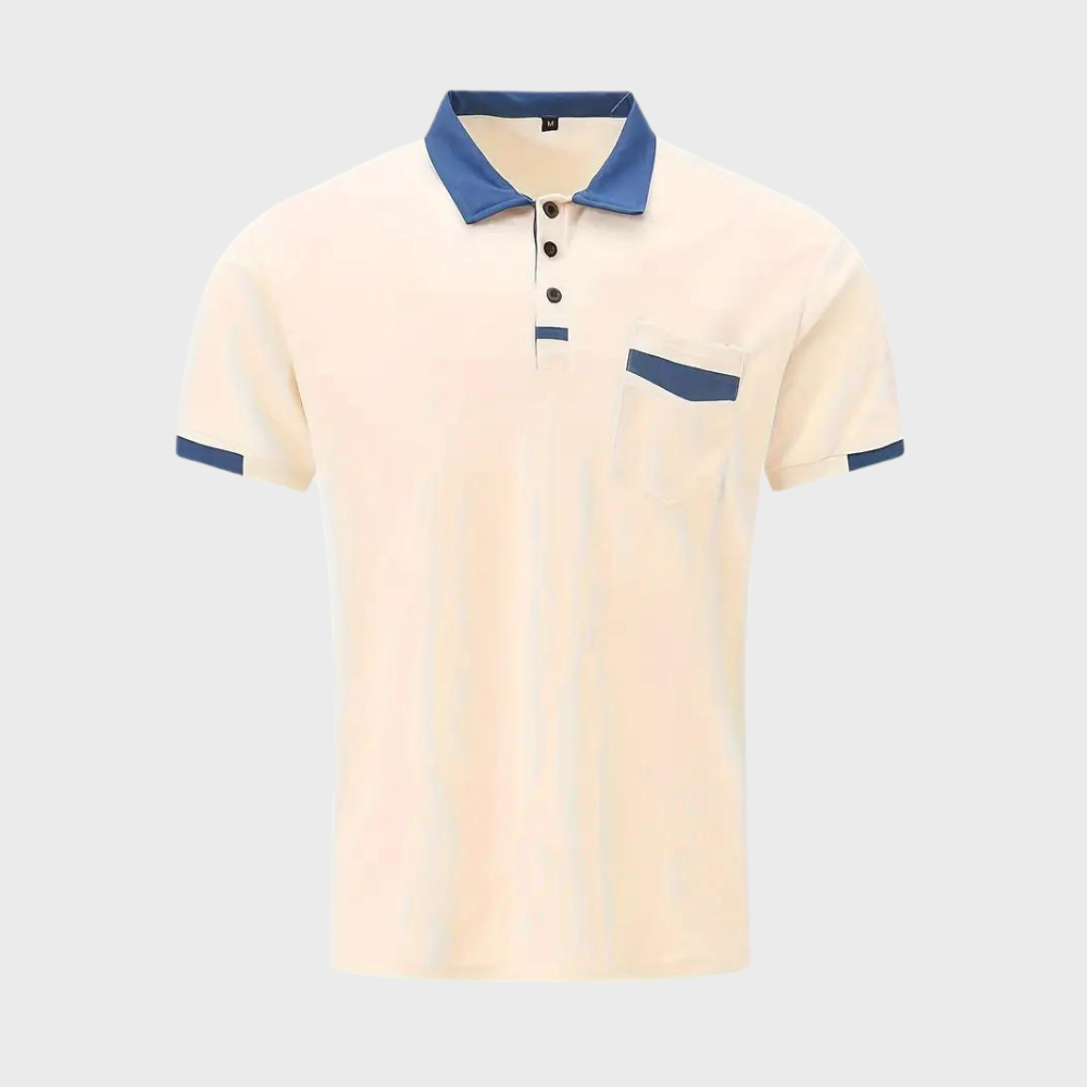 Close-up of the collar and buttons on a men's regular fit classic polo shirt, showcasing detail.