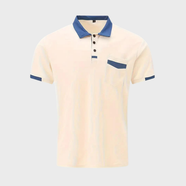 Close-up of the collar and buttons on a men's regular fit classic polo shirt, showcasing detail.