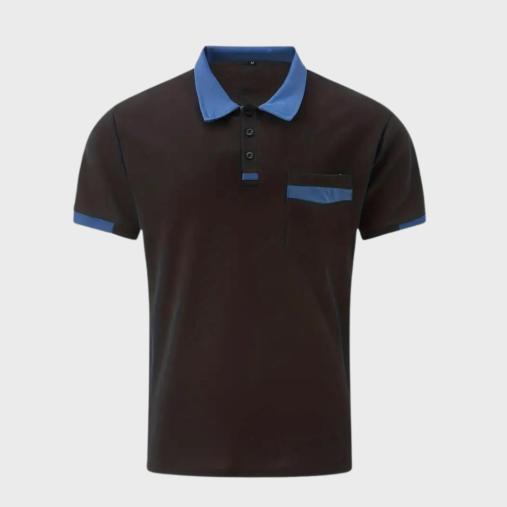 Front view of a men's classic polo shirt, showcasing its versatile design and regular fit.