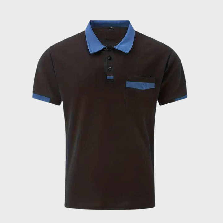 Front view of a men's classic polo shirt, showcasing its versatile design and regular fit.
