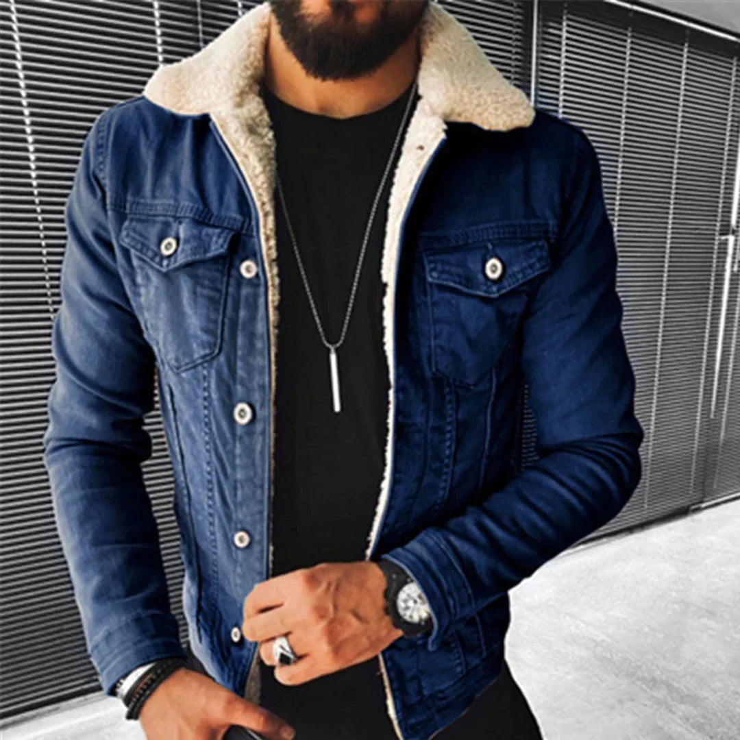 New men's classic fit denim jacket, perfect for versatile everyday urban style and casual layering in spring or fall.