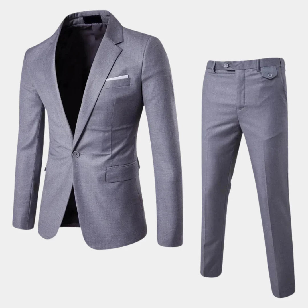 Elegant men's two-piece suit: a new tailored blazer & trousers, perfect formal wear for business, weddings, events.