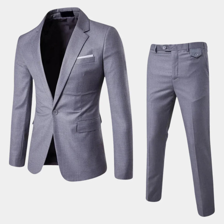 Elegant men's two-piece suit: a new tailored blazer & trousers, perfect formal wear for business, weddings, events.