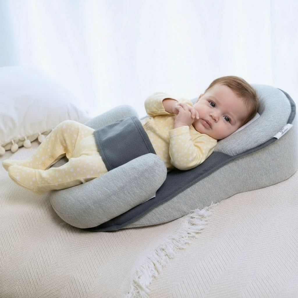 Memory foam newborn baby pillow, 15° incline provides gentle support & comfort for infants during supervised rest.