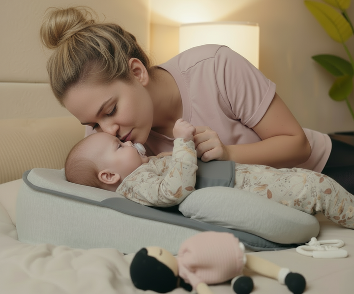 Baby support pillow for newborns, featuring a 15-degree incline and soft memory foam for optimal infant comfort.