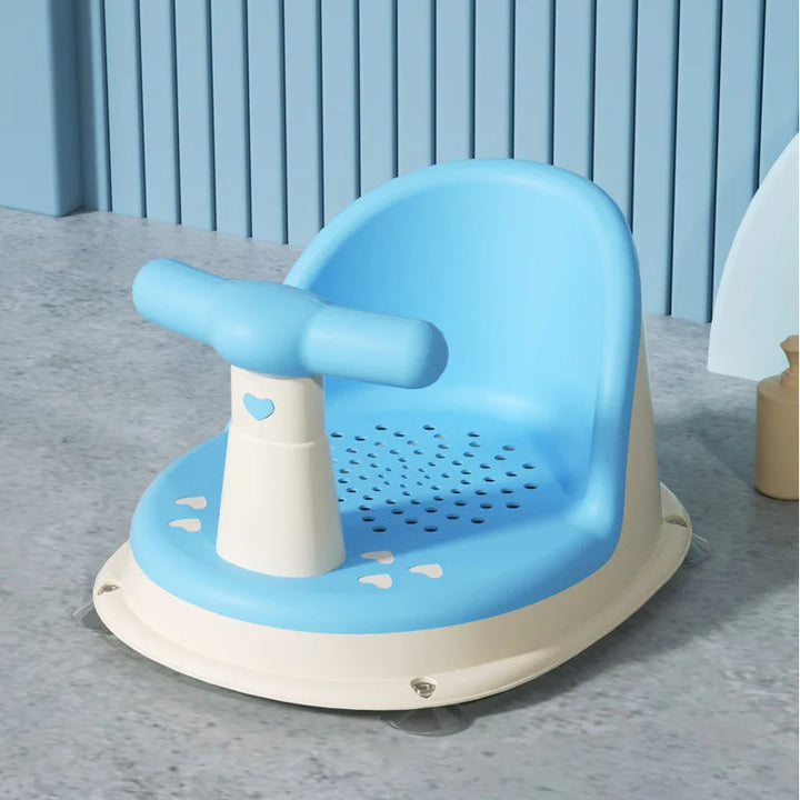 White plastic baby bath seat with suction cups, providing non-slip safety for infant & toddler bathing.