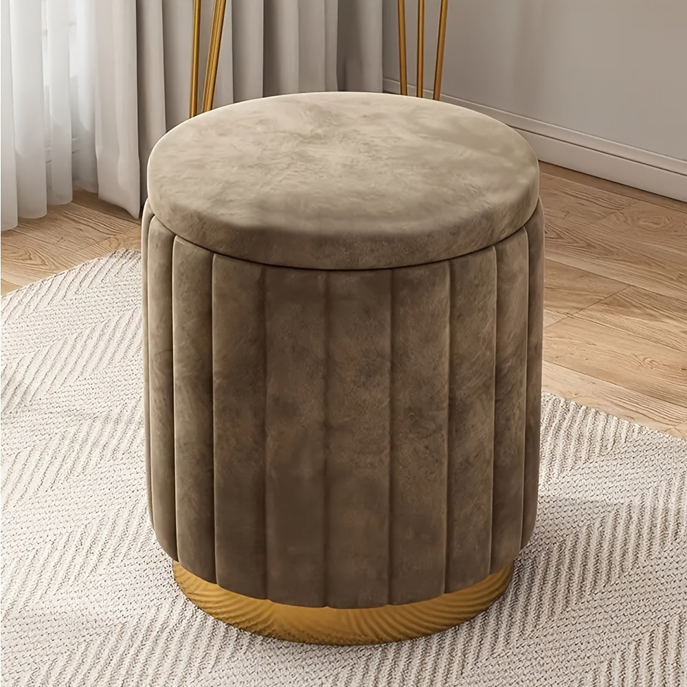 Decorative round storage pouf, mirror finish detail, brings Nordic chic style and function to your space.