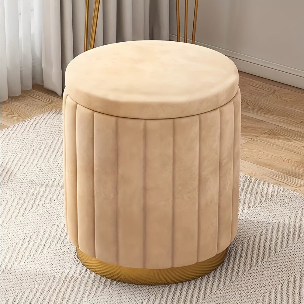 Round pouf with hidden storage, elegant mirror finish, a key piece of Nordic Chic accent furniture.