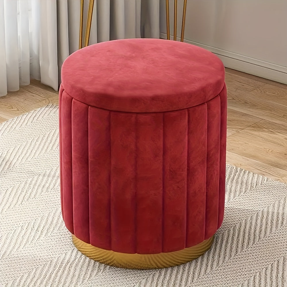 Functional round storage pouf, mirror finish, ideal for small spaces, embodying Nordic Chic design.
