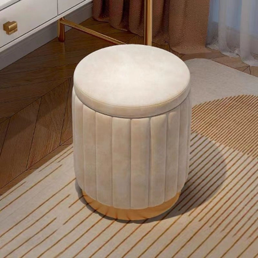 Hidden storage round pouf, mirror finish top, offers a touch of Nordic Chic elegance to your home.